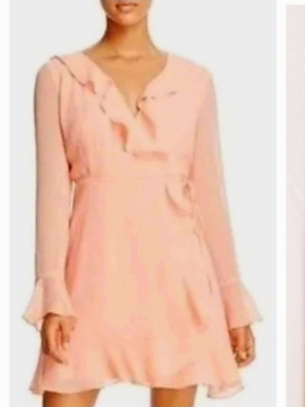WAYF Anthropologie Gabby Ruffle Long Sleeve Wrap Mini Dress Blush Coral Pink NEW